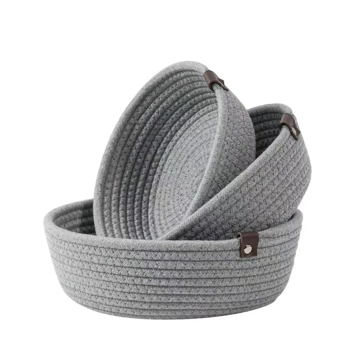 paniers rangement tressés gris clair motif cordelet rustique ensemble trois tailles différentes