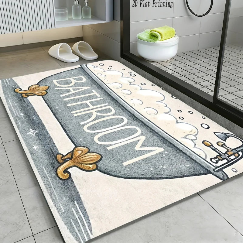 tapis bain antidérapant baignoire bulles vintage gris blanc illustration dorée moderne entrée couloir