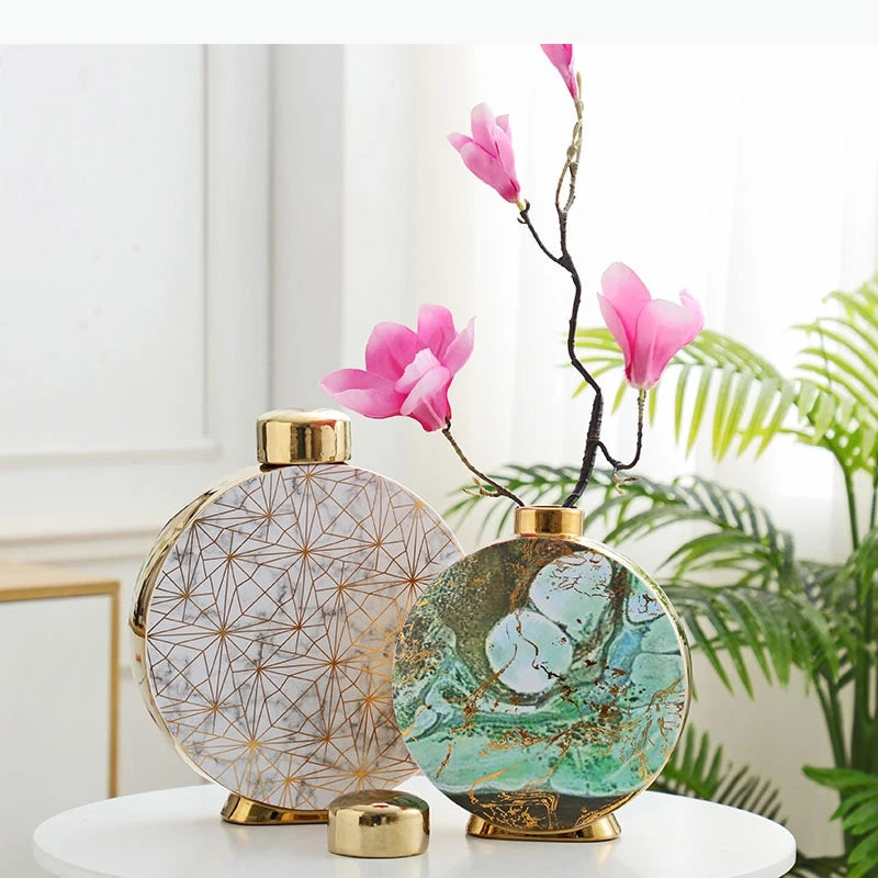 vase moderne élégant marbré couvercle doré multifonction fleur décoration intérieure blanc doré