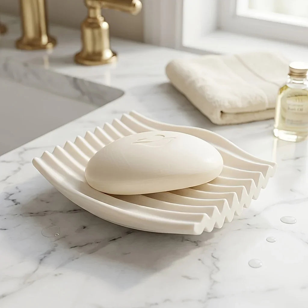 support savon blanc moderne rayures horizontales opalescent salle bain organisation éponge récurer plateau