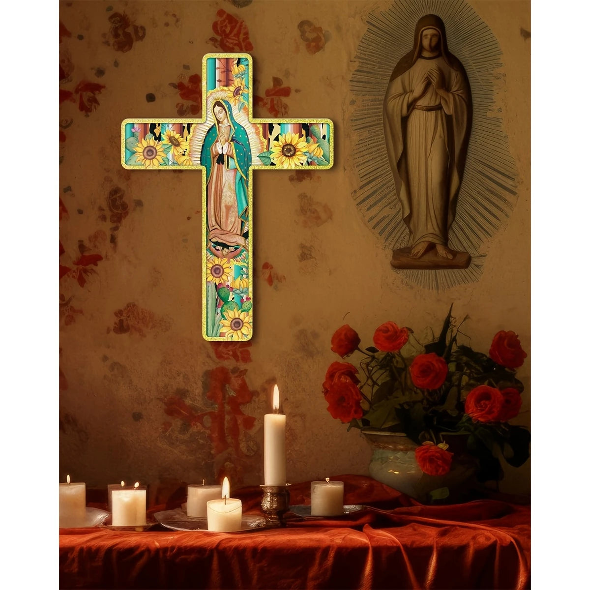 décoration murale bois croix artisanale fleurs multicolore fond sombre religieuse farmhouse pastorale