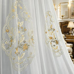 rideau blanc doré broderie florale tulle transparent élégant classique salon chambre luxe