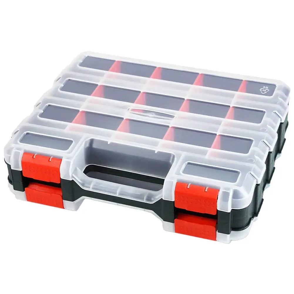 boîte outils transparente moderne poignées vis tournevis pinces clous compartiments organisateur