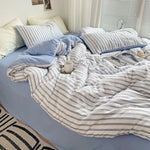 ensemble literie bleu clair rayures horizontales moderne couvre lit taies d'oreiller coton polyester frais
