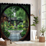 rideau douche asiatique jardin chinois noir vert marron blanc argentés polyester