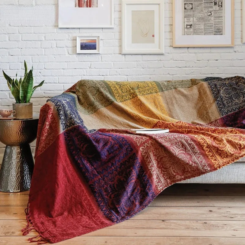 couverture bohème multicolore géométrique tissu chenille portable pique nique voyage printemps automne ethnique décoration