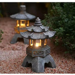 lanterne traditionnelle gris texture granitée détails sculptés japonais lampe led base graniteextérieur jardin