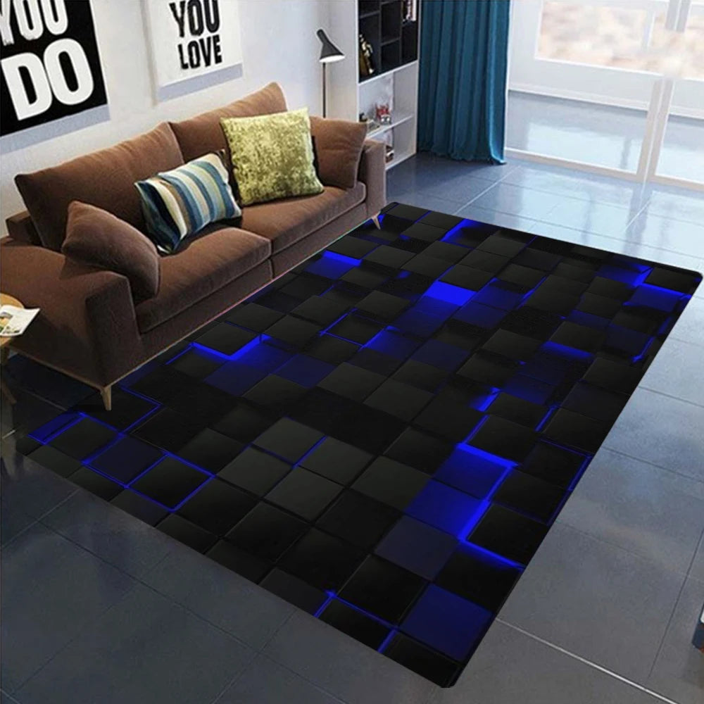 tapis salon moderne noir vert motif carreaux géométriques lumineux doux antidérapant grande taille décoratif