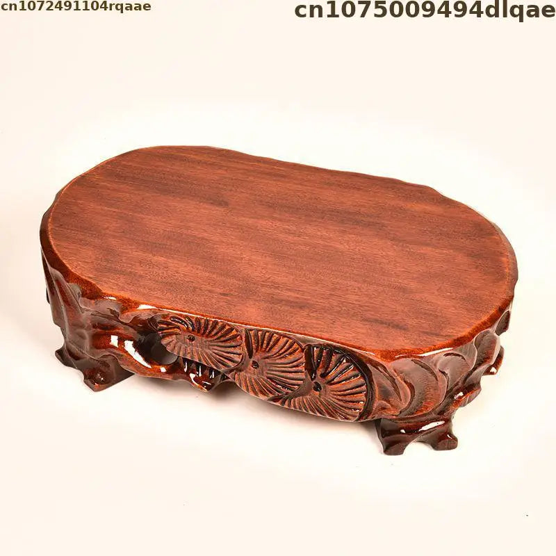 support bois marron sculpté motifs floraux artisanal vase pierre figurine plante decoration chinois traditionnel