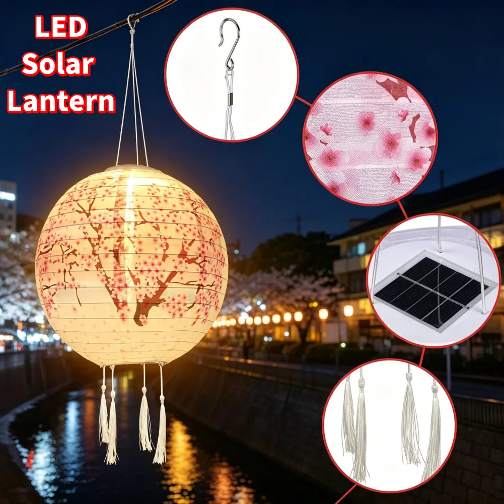 lanterne solaire led florale traditionnelle blanc rouge vert rose crochets tissu nylon opaque festive