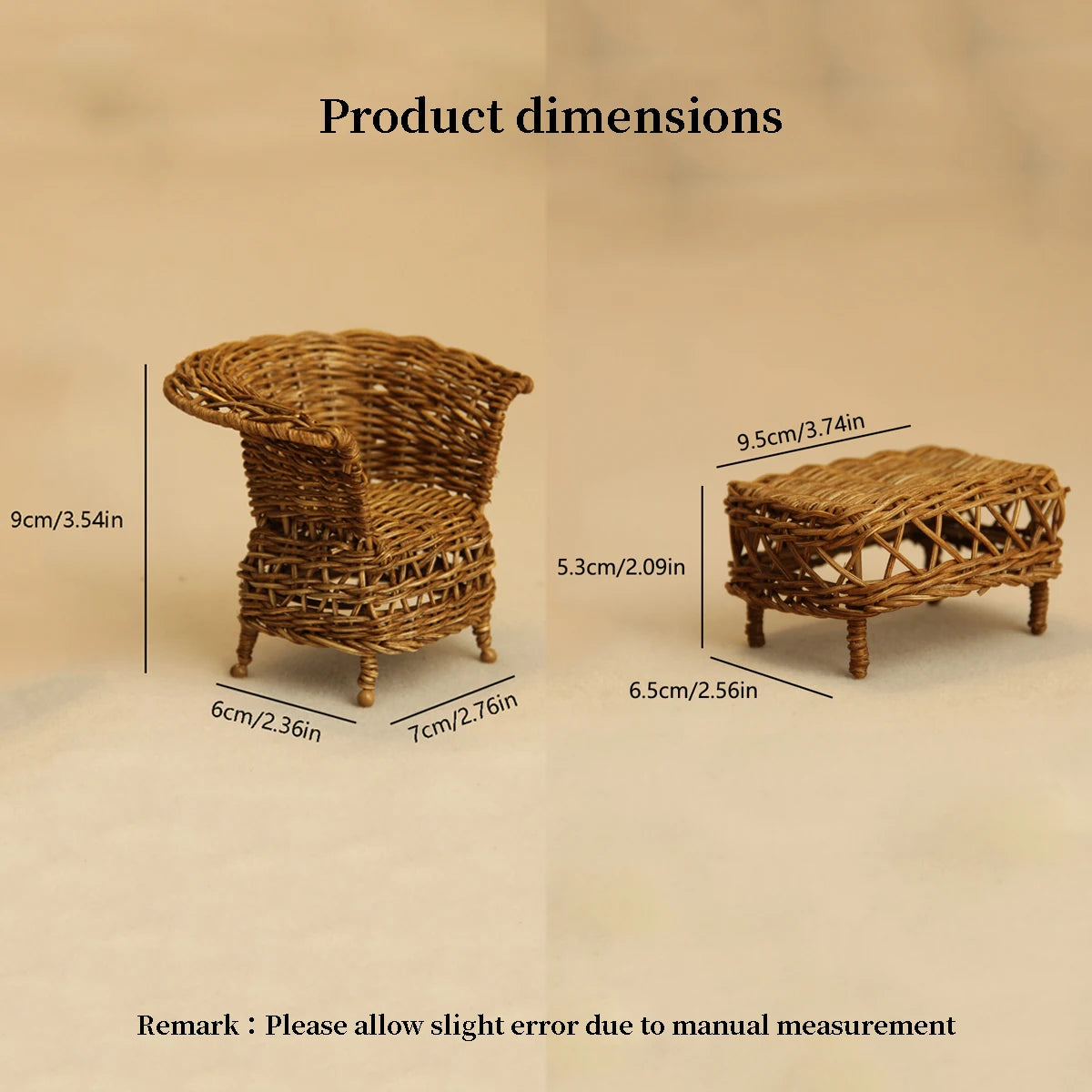 meubles miniature bohème marron clair tressage apparent fauteuils table basse coussins arche décorative souris