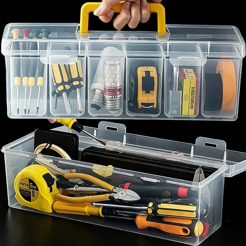 boîtes rangement transparentes poignées jaunes outils vis clés rubans adhésifs ciseaux tournevis pinces portables