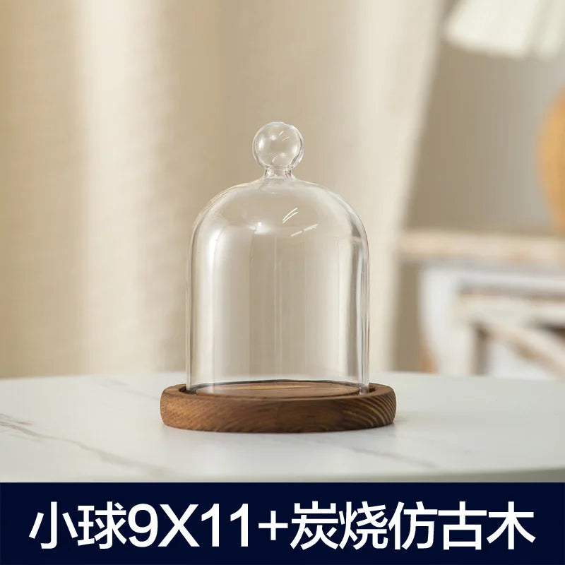 cloche verre transparent base bois bougie parfumée pinçon décoratives