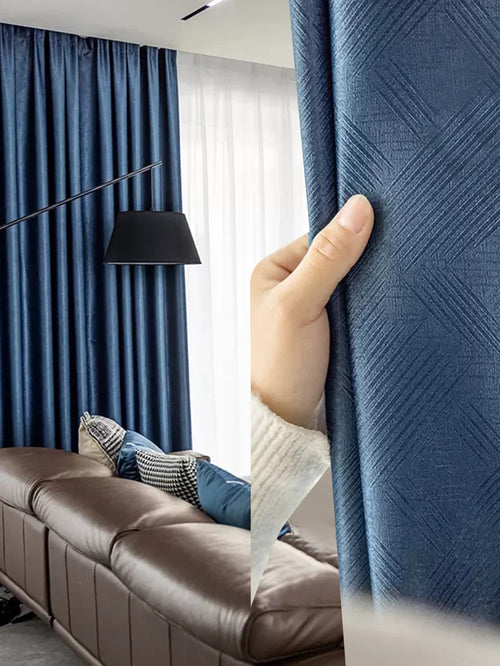 rideau moderne opaque bleu foncé voilage transparent polyester extérieure élégant texture tissée