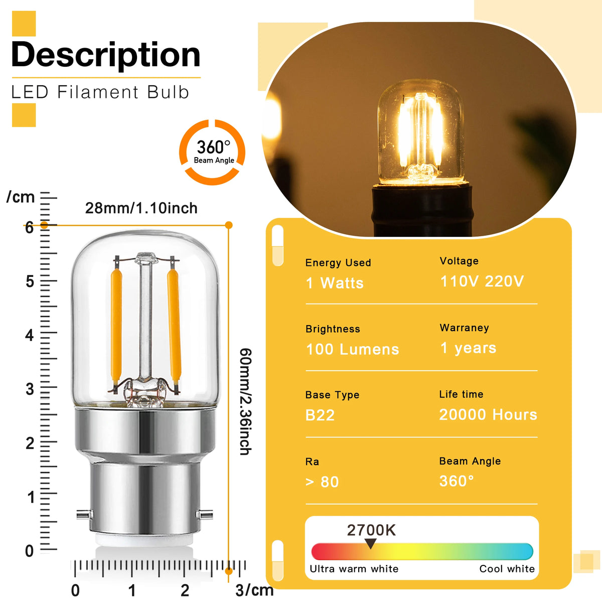 ampoules led filament vintage base b22 verre transparent filament doré lumière chaude 2700k variable