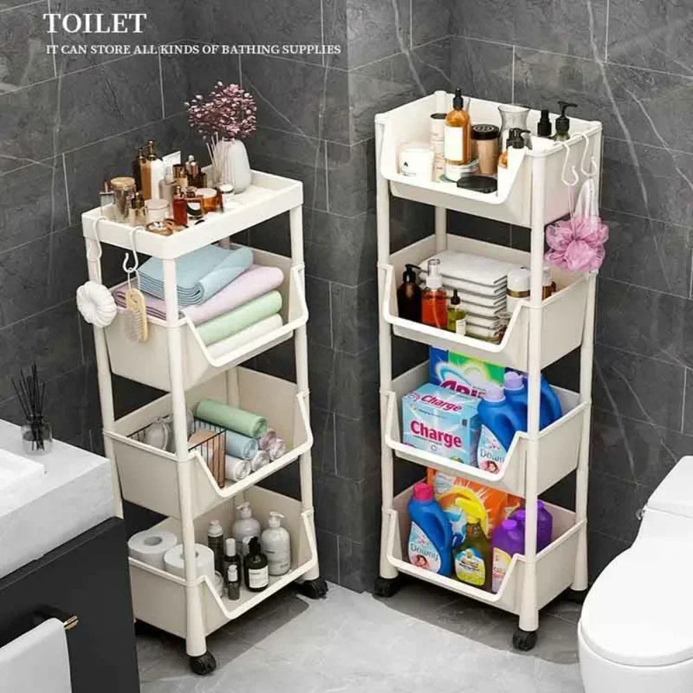 rack rangement multifonctionnel 360° rotatif blanc moderne crochets latéraux roulettes universelles respectueux l'environnement
