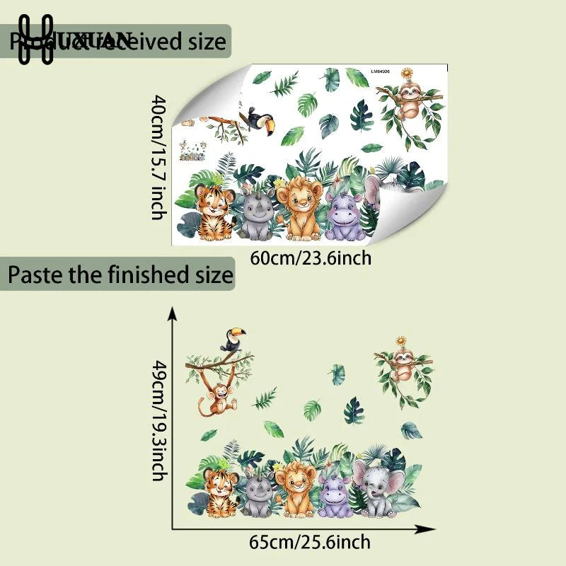 sticker mural dessin animé animaux mignons multicolore tigre rhinocéros lion hippopotame éléphant tropical chambre