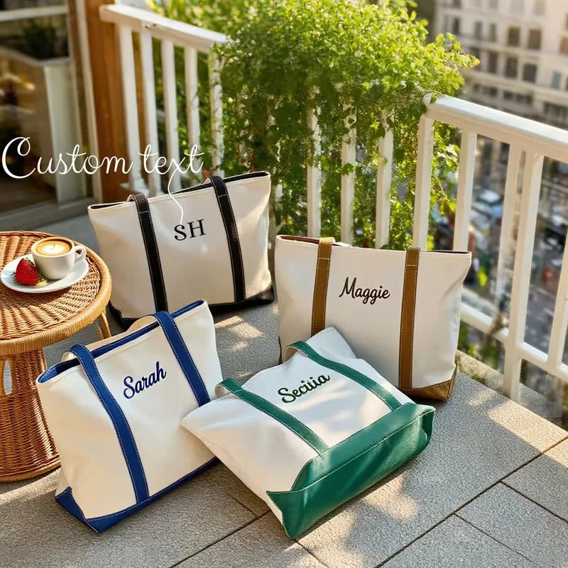 sac main moderne toile brodé doux poignées détachables blanc bleu marron vert rose