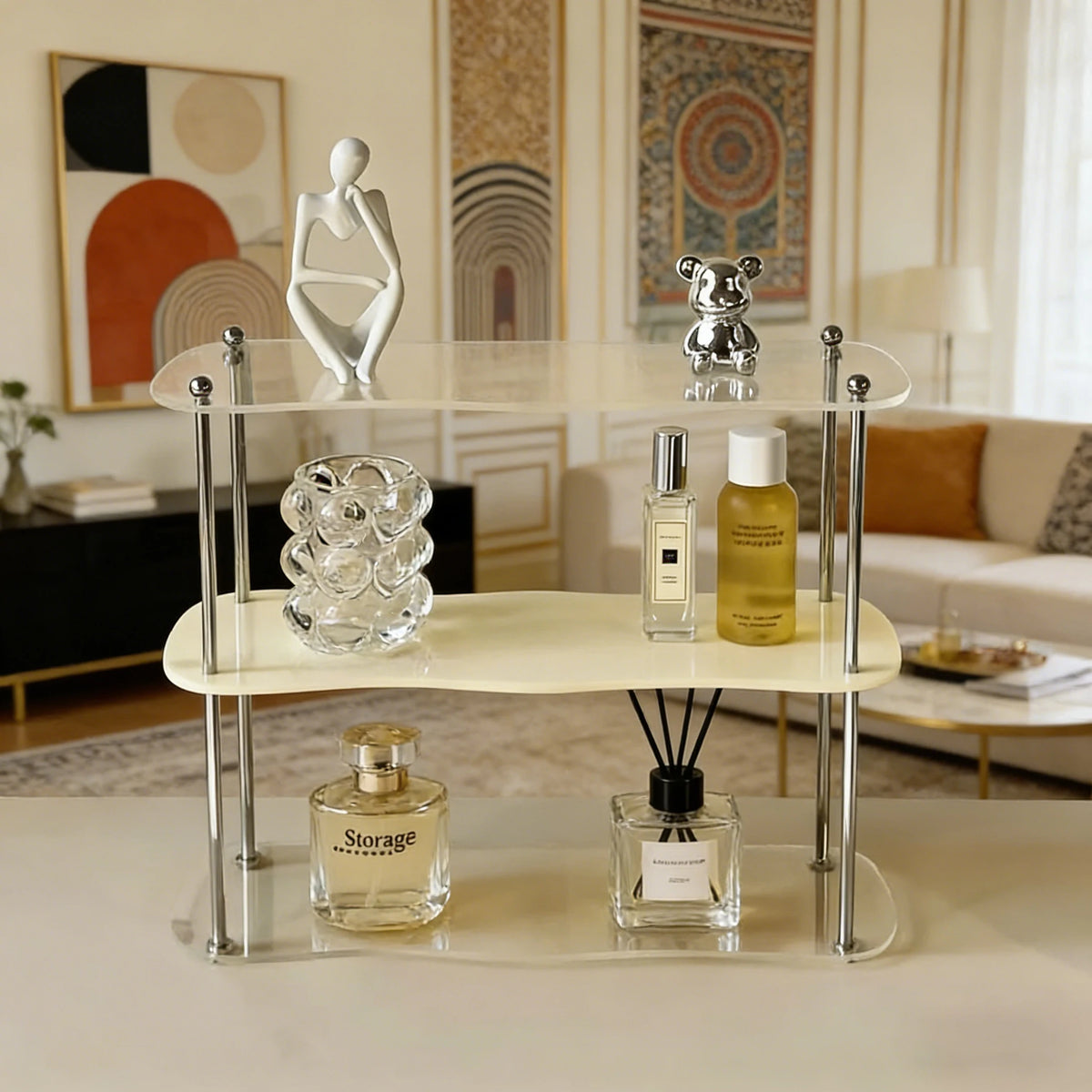 étagère deux niveaux transparente moderne pieds métalliques rangement parfum vaisselle décoratives multifonctionnelle salon