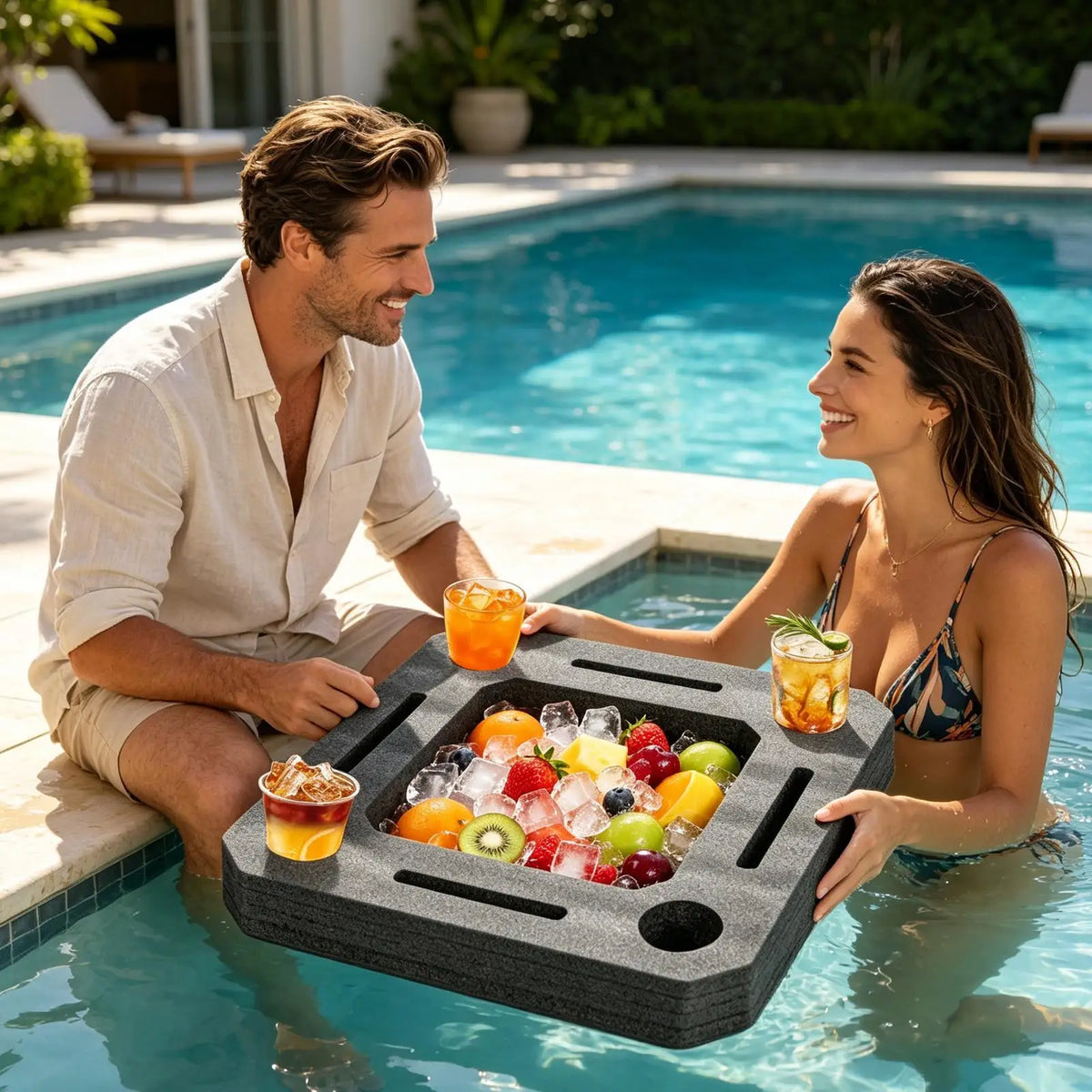 plateau flottant moderne gris foncé tissé trous verres fruit piscine détente