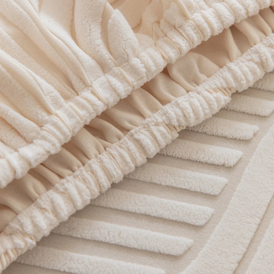 housse canapé beige clair polaire jacquard rayures horizontales extensible salon moderne