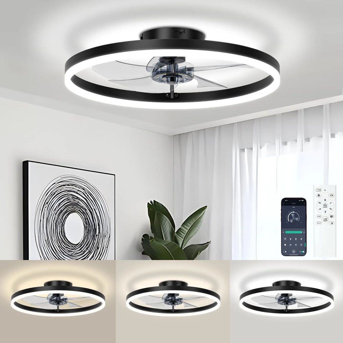 ventilateur led noir blanc moderne télécommande variateur intensité lumineuse minimaliste