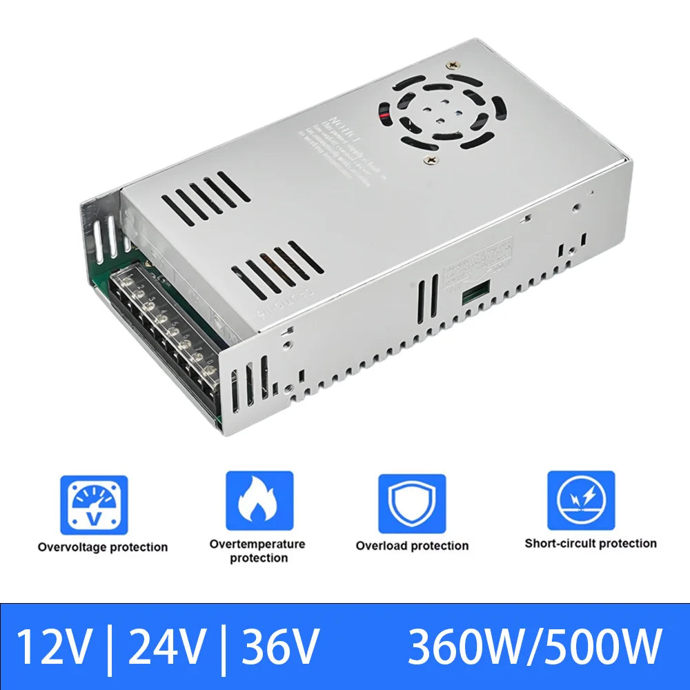 transformateur puissance 12V 24V 36V 360W 500W argenté industriel ventilateur connecteurs