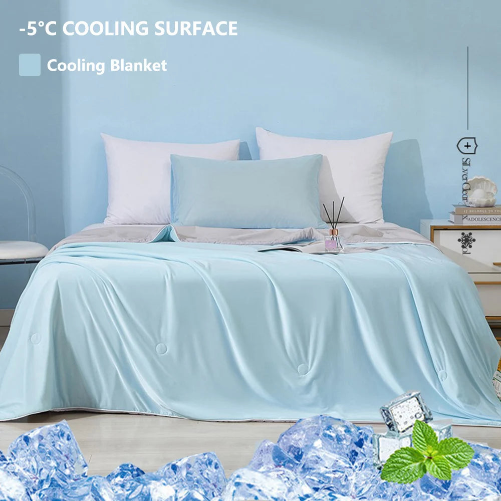 couverture climatisation bleu clair fine été respirante polyester lisse double face moderne refroidissement