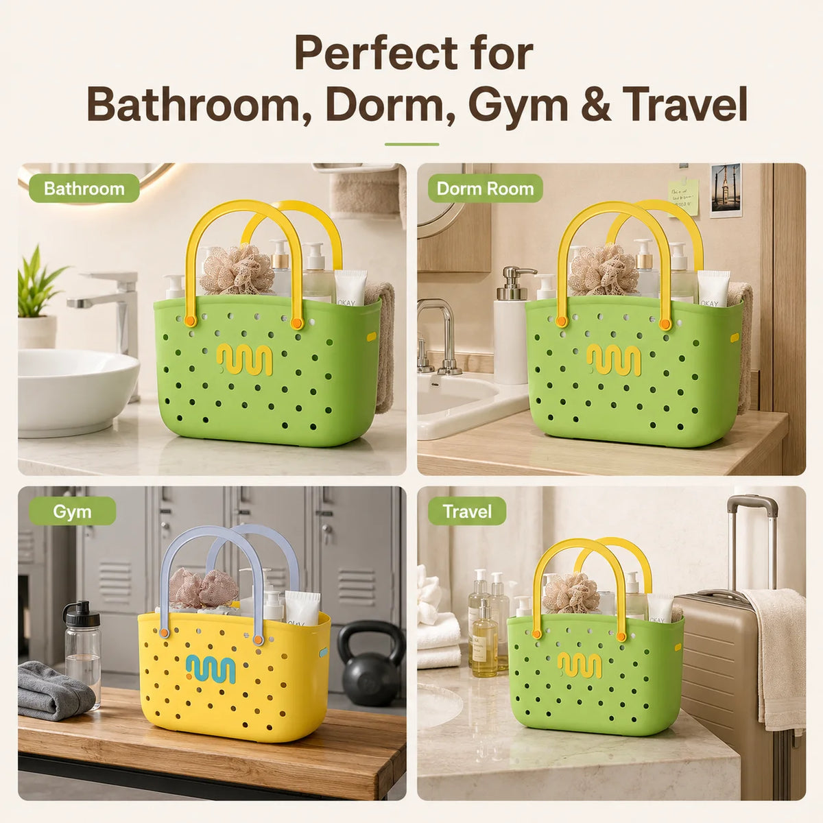 panier rangement douche bain organisation drain large capacité shampoing cosmétiques moderne vert jaune transparentTrou
