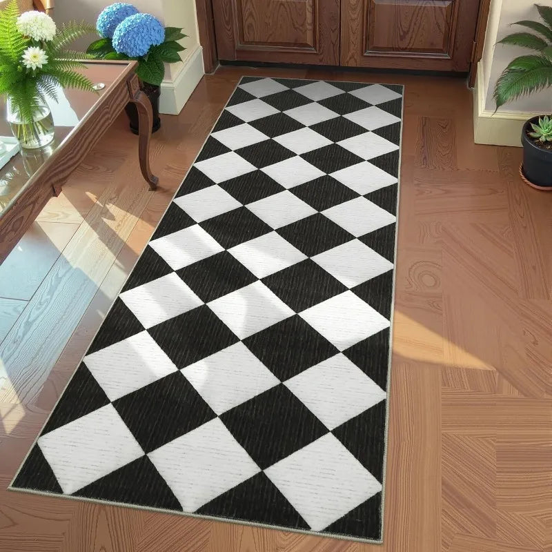 tapis couloir damier noir blanc moderne géométrique polyester antidérapant salon chambreextérieur