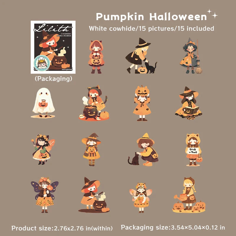 autocollants sorcières halloween personnages citrouilles chats papillons noir rose vert orange