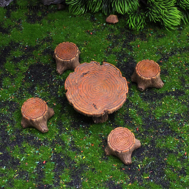 accessoires art jardin decoration resine miniature table tabourets herbe verte aspect bois feerique