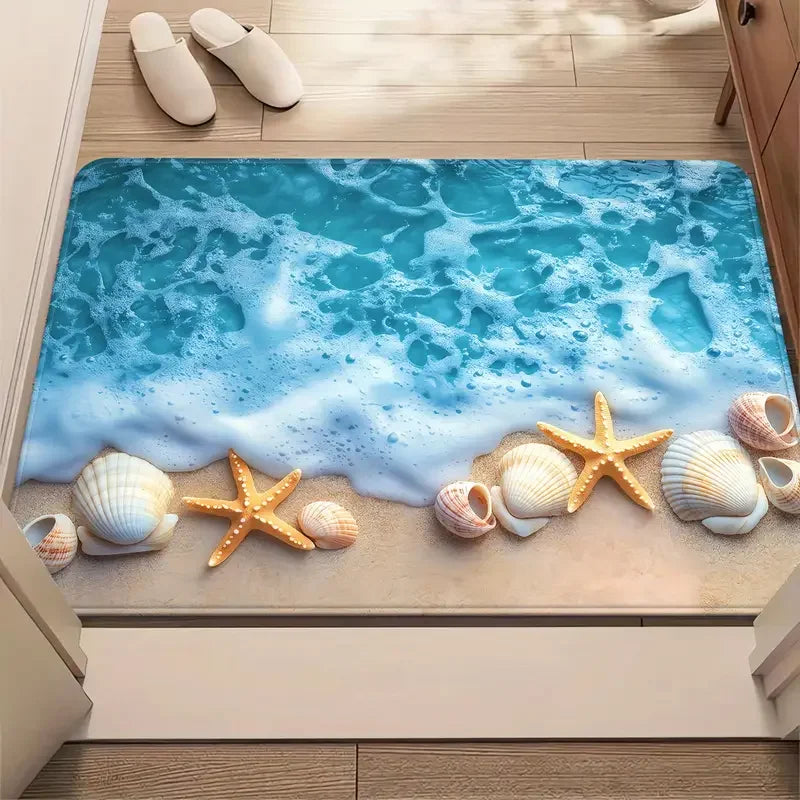 tapis sol moderne antidérapant motif marin coquillages bleu clair entrée salon