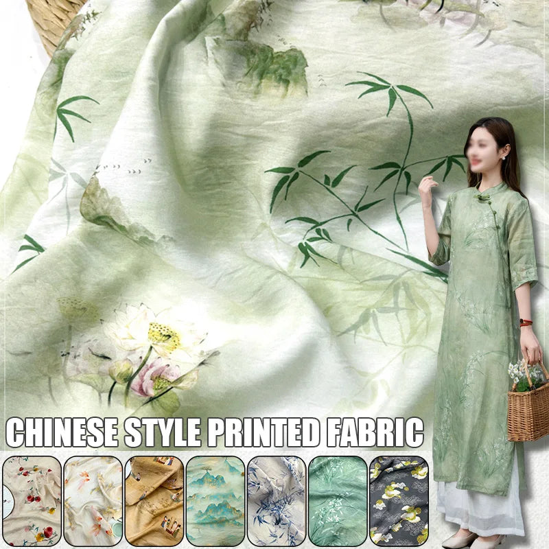 tissu imprimé chinois personnages traditionnels bambous fleurs beige vert bleu rose
