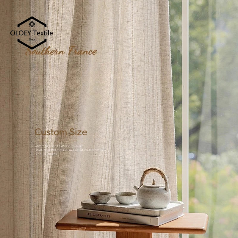 rideaux polyester texture lin beige clair modernes opaques ruban fixation maison