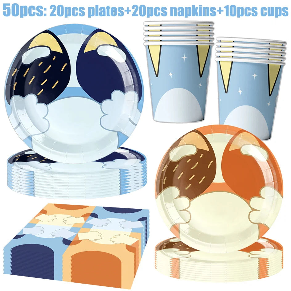 kit decoration anniversaire chien bleu assiettes gobelets serviettes guirlande support cupcake decor animaux