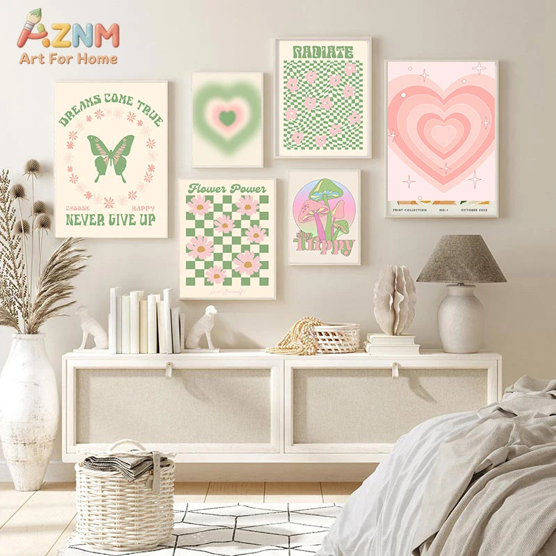 affiche murale cadre bois motif champignon papillon coeur pastel salon moderne décoration intérieure