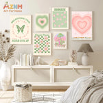 affiche murale cadre bois motif champignon papillon coeur pastel salon moderne décoration intérieure