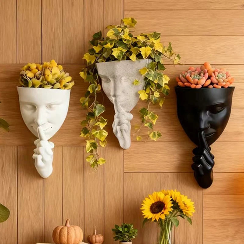 pots résine muraux tête humaine moderne blanc gris noir décoratif plantes fleurs