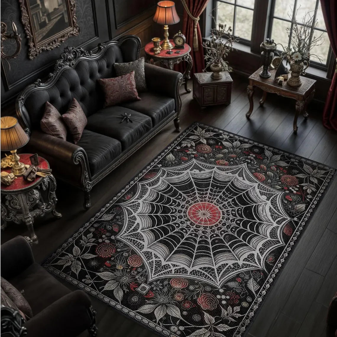 tapis gothique noir décorations toile araignée roses rouges romantique salon chambre halloween maison