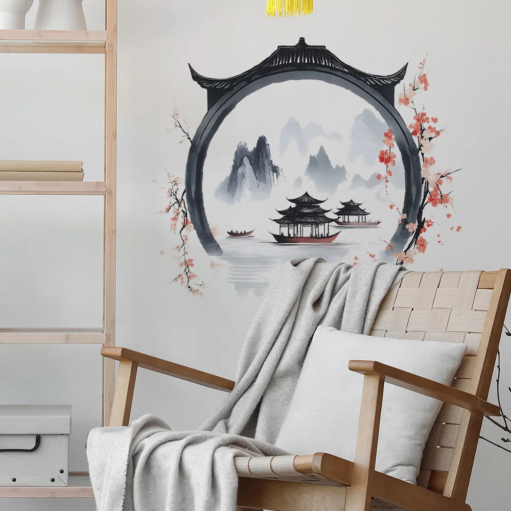 autocollant mural paysage chinois traditionnel montagnes lac pagodes fleurs cerisier noir gris rose blanc