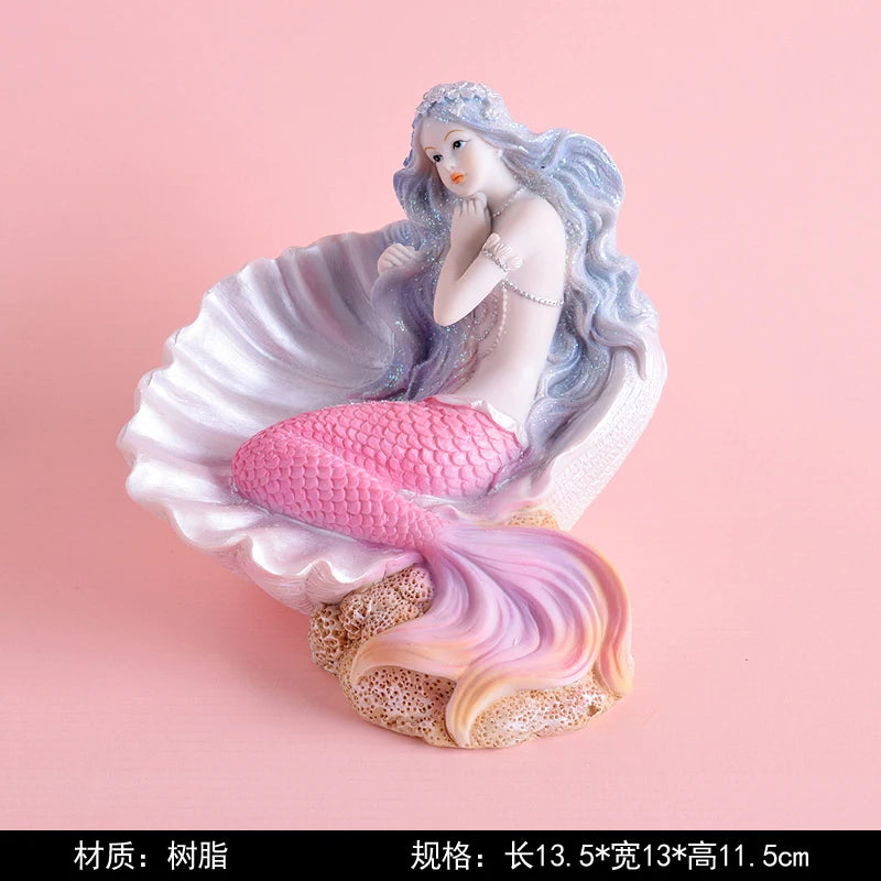 statue sirène résine rose blanche bleue dorée coquillage cheveux ondulés décoration intérieure artificielle