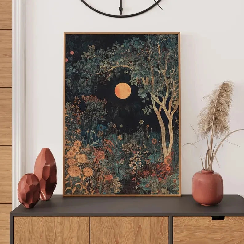 affiche murale paysage nocturne lune arbres fleurs chambre salon décoration bois opaque