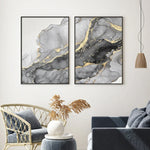 tableau contemporain minimaliste marbre effet liquide gris noir doré sans cadre impression toile chambre