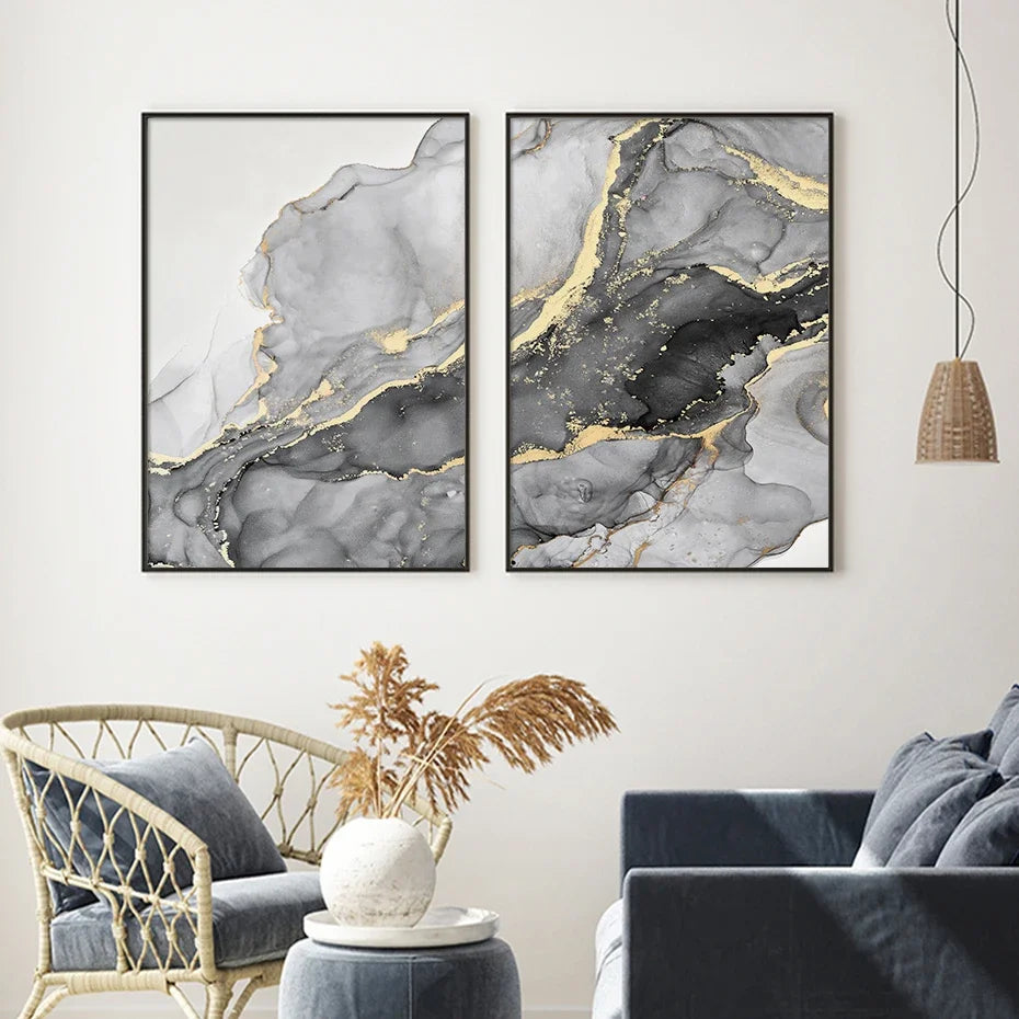 tableau contemporain minimaliste marbre effet liquide gris noir doré sans cadre impression toile chambre