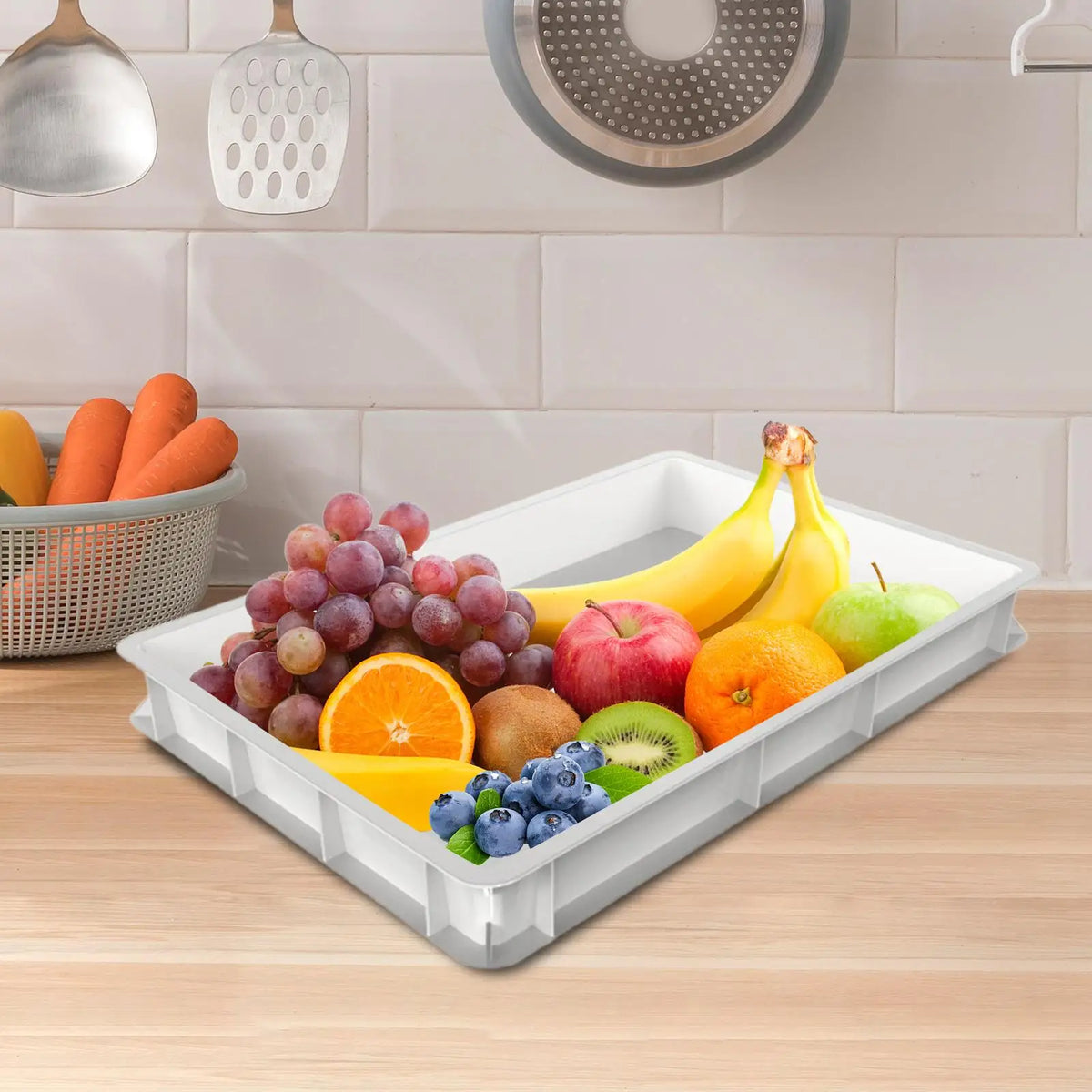 plateau rangement alimentaire industriel gris blanc fruits légumes pizza pâte cuisson bakery kitchen commercial