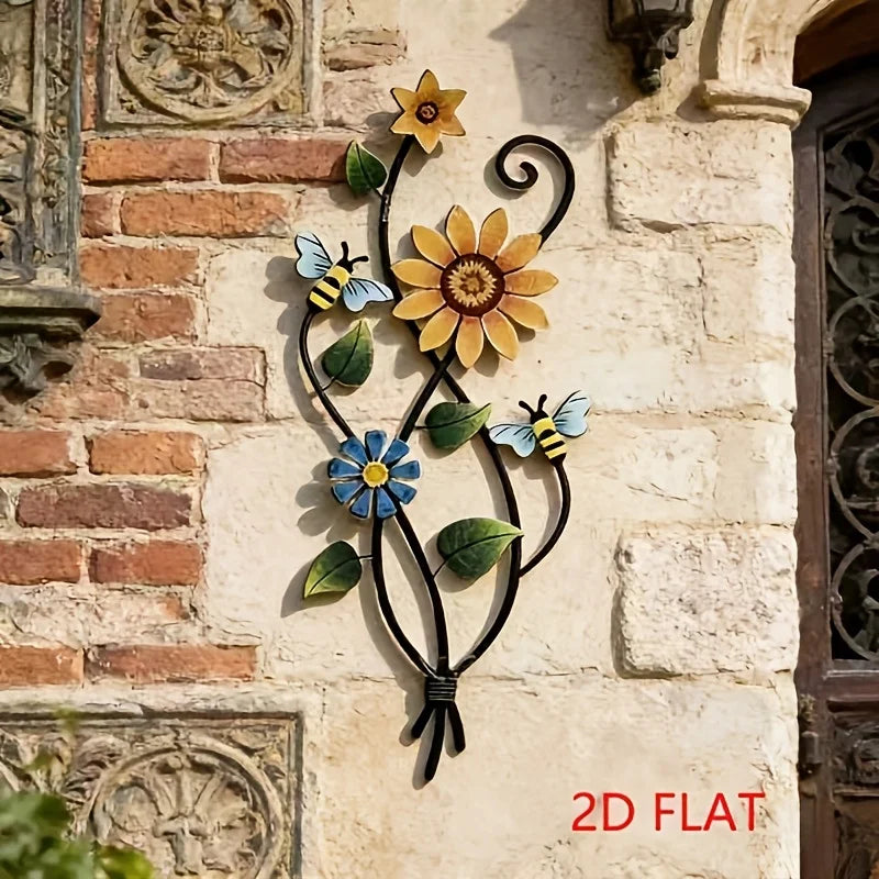 décoration murale artisanale abeilles fleurs stylisées noir jaune bleu vert floral