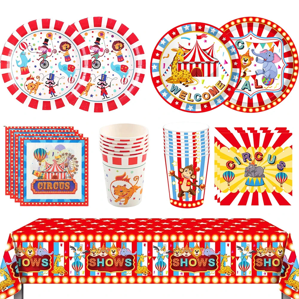 vaisselle jetable cirque rouge blanc assiettes gobelets serviettes nappe anniversaire enfant fête carnaval