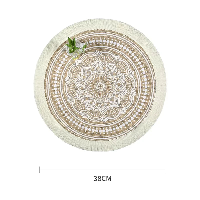 tapis rond boho chic motif floral franges beige clair salon chambre coucher moderne geometrique