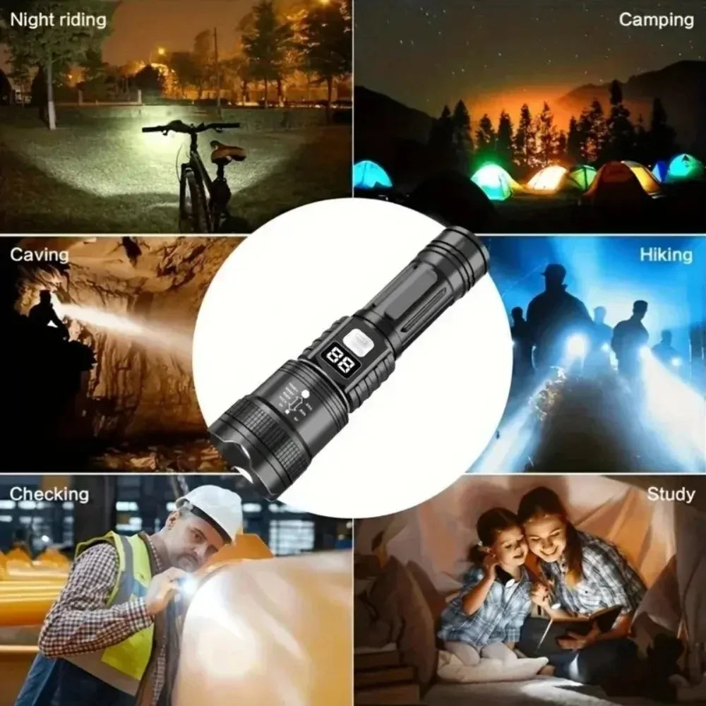 lampe torche led rechargeable zoom télescopique lumière intense mode réglable rainures antidérapantes noire moderne